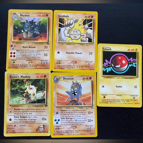 Set of 5 Pokémon Cards. Voltorb, Blaine’s Mankey, Geodude, Omastar, Rhydon. - Picture 1 of 7